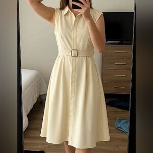 Chic Cream Belted A-Line Dress💦